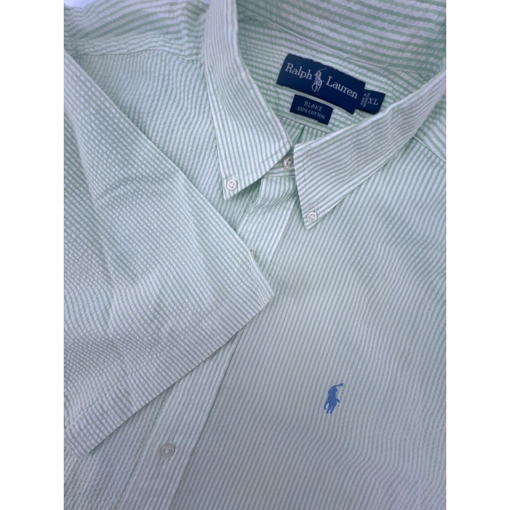 Ralph Lauren Blake Mens XL Green White Seersucker Striped Short Sleeve Shirt